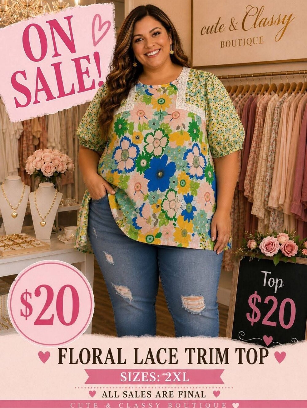 Floral Lace Trim Top — Green Multi